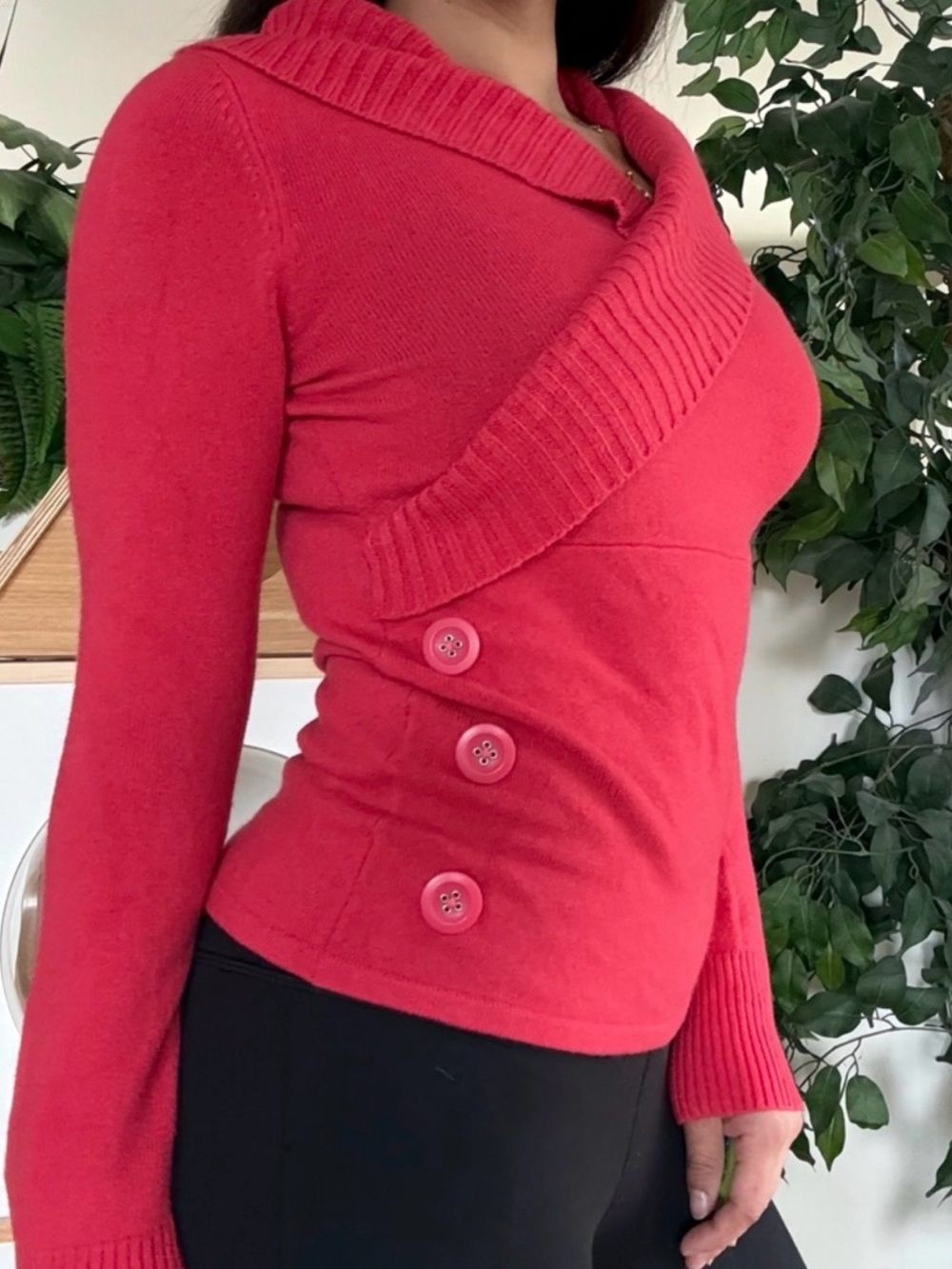 Y2K Red Wrap Sweater Button Detail Fitted Babe Top Coquette